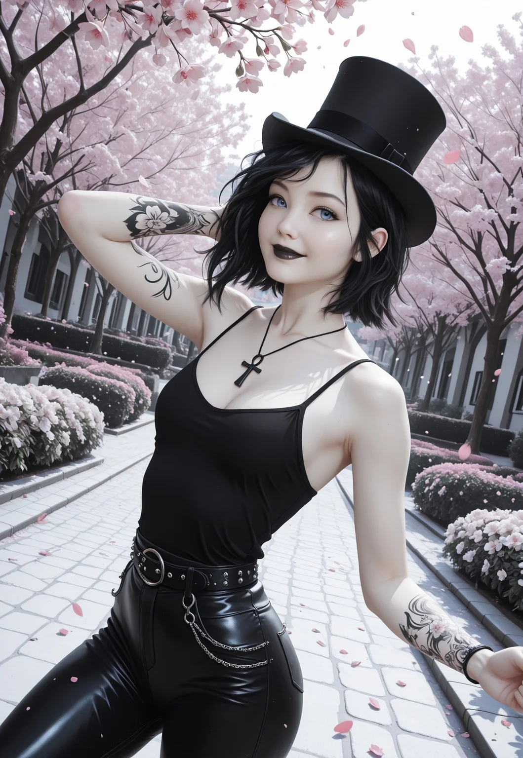 (masterpiece:1.4), (best quality:1.3), (very aesthetic:1.2), (hyperdetailed:1.05), 8k, ultra-HD, newest, depth of field, (realistic), highres, newest, dramatic angle, dynamic pose,
cinematic composition, portrait, 1girl,
<lora:Riona-PXL:1> Riona-PXL, Riona, riona-tat, tattoo, 3D, asian girl, solo, upper body, looking at viewer, (pale skin). black hair,
detailed_eyes, subject_focus, tilted head, bokeh,
makeup, (arm tattoo), small breasts, short hair, messy hair, half asian, ((blue eyes)), black lips, perfect face, perfect eyes, cinematic lighting, detailed skin, detailed hair, detailed eyes, absurdres, photo, photorealistic,
((detailed background: sakura tree, garden, ((pink cherry blossoms)), realistic, ethereal atmosphere, cinematic composition,
confident posture, cleavage, noir style, noir ambiance, detailed background, ((pale skin)),
<lora:Death of the EndlessilluLoRA:1>dethofend, white skin, black hair, ankh necklace, tank top, belt, pants, smile, dancing, top hat, off shoulders, black leather pants, studded belt
(dimly lit),(((monochrome:1.5, black and white))), noir style, noir ambiance,