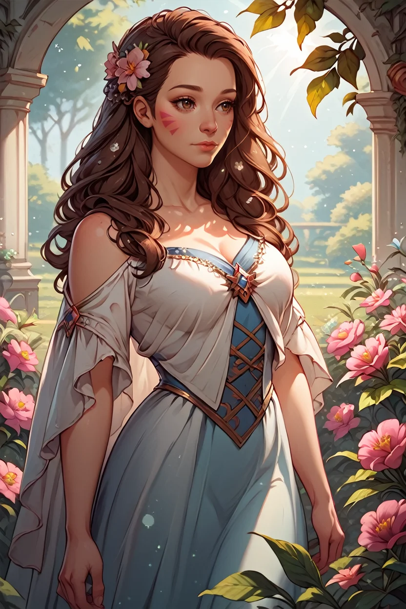 score_9, score_8_up, score_7_up
<lora:ODVA:1.0>
ODVA, 1girl, brown hair, brown eyes, whisker markings, long hair, standing in a sunlit garden, surrounded by blooming flowers, soft focus background with bokeh, gentle breeze rustling through leaves, romantic and dreamy ambiance
