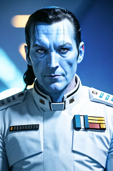 RAW photo of thrawn, an alien with (black hair:1.3), wearing a star wars imperial uniform, (blue skin:1.5), (red eyes:1.3), (colored skin,:1.1), detailed face, (high detailed skin:1.2), 8k uhd, dslr, soft lighting, high quality, film grain, Fujifilm XT3