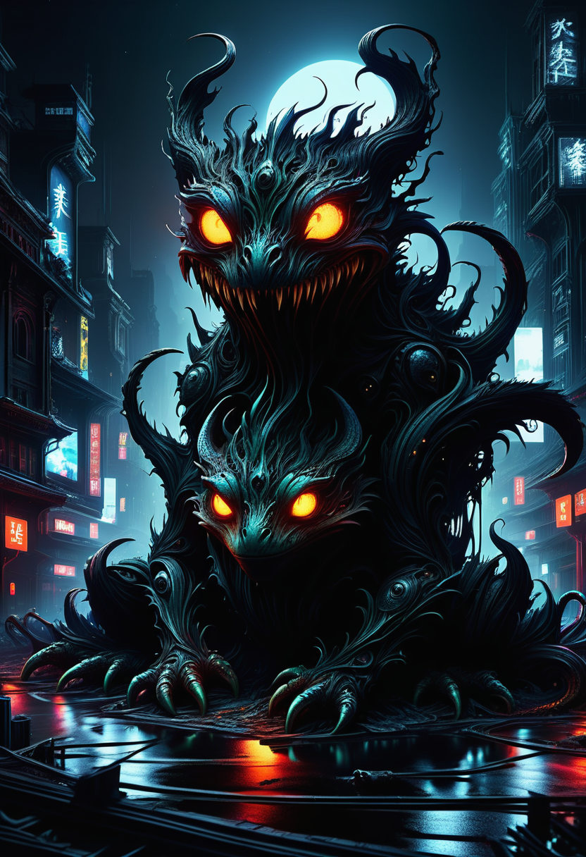 hyper detailed masterpiece, dynamic, awesome quality, DonMN1gh7D3m0nXL  dystopian cityscape changing season,amphibian, made of night demon  <lora:DonMN1gh7D3m0nXL-v1.1-000008:1>