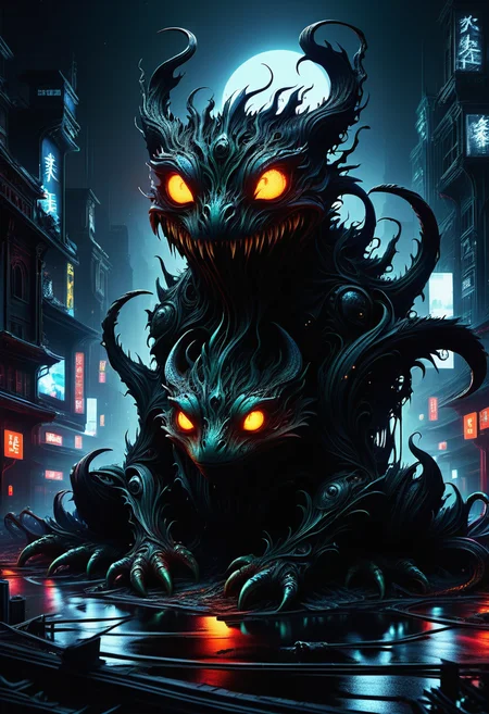 hyper detailed masterpiece, dynamic, awesome quality, DonMN1gh7D3m0nXL dystopian cityscape changing season,amphibian, made of night demon <lora:DonMN1gh7D3m0nXL-v1.1-000008:1>