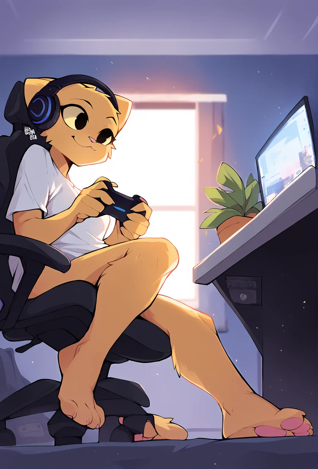score_9, score_8_up, score_7_up, score_6_up, score_5_up, score_4_up, bedroom, gaming chair, backlighting, window, curtain, computer tower, monitor, realistic, light particles, depth of field, plant, BREAK
<lora:katia_managan_ponyXL_v1.2:0.9> 1girl, katia managan, furry, cat girl, solo, black eyes, solid circle pupils, t-shirt, long shirt, naked shirt, (headphones on head:1.1), smile, from below, from side, sitting, barefoot, game controller, looking to the side <lora:softhanten_style_ponyxl_v1:1> softhantenstyle