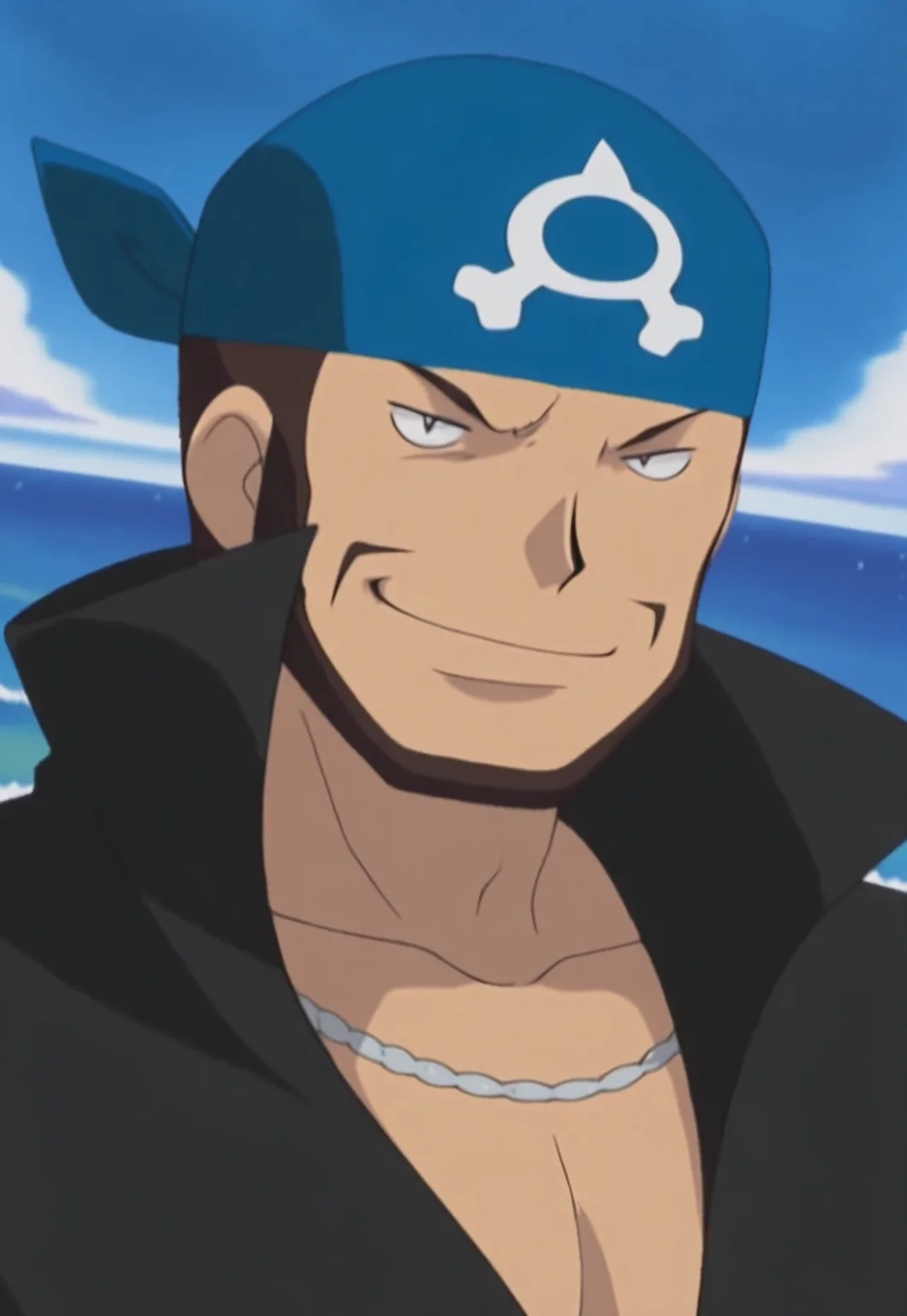 masterpiece, modern, new, 1boy, solo, male, masculine face, daddy looking face,
PokemonAArchie, brown hair, blue bandana, facial hair, popped collar, necklace, black coat, retro artstyle, headshot, looking at viewer, smiling, daytime, ocean