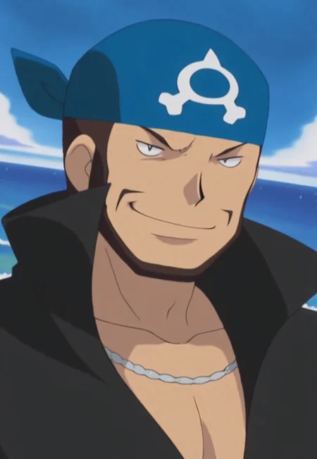 masterpiece, modern, new, 1boy, solo, male, masculine face, daddy looking face,
PokemonAArchie, brown hair, blue bandana, facial hair, popped collar, necklace, black coat, retro artstyle, headshot, looking at viewer, smiling, daytime, ocean