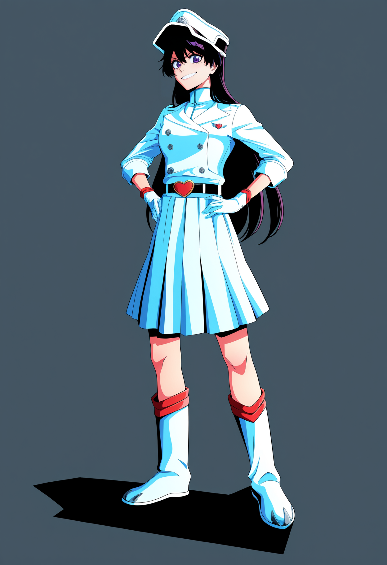 best quality, amazing quality, very aesthetic, absurdres,
BREAK
1girl, bambietta, black hair, long hair, purple eyes,
trench coat, peaked cap, white gloves, knee boots, uniform, double-breasted, white skirt, pleated skirt, long sleeves,
standing, full body, hands on hips,
smile, solo, looking at viewer, simple background, white background,   <lora:BambiettaBasterbineNoobXL_byKonan:1>