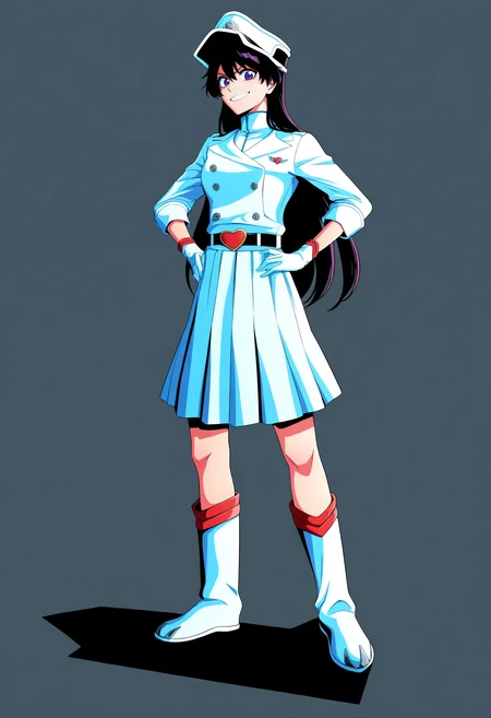 best quality, amazing quality, very aesthetic, absurdres,
BREAK
1girl, bambietta, black hair, long hair, purple eyes,
trench coat, peaked cap, white gloves, knee boots, uniform, double-breasted, white skirt, pleated skirt, long sleeves,
standing, full body, hands on hips,
smile, solo, looking at viewer, simple background, white background, <lora:BambiettaBasterbineNoobXL_byKonan:1>