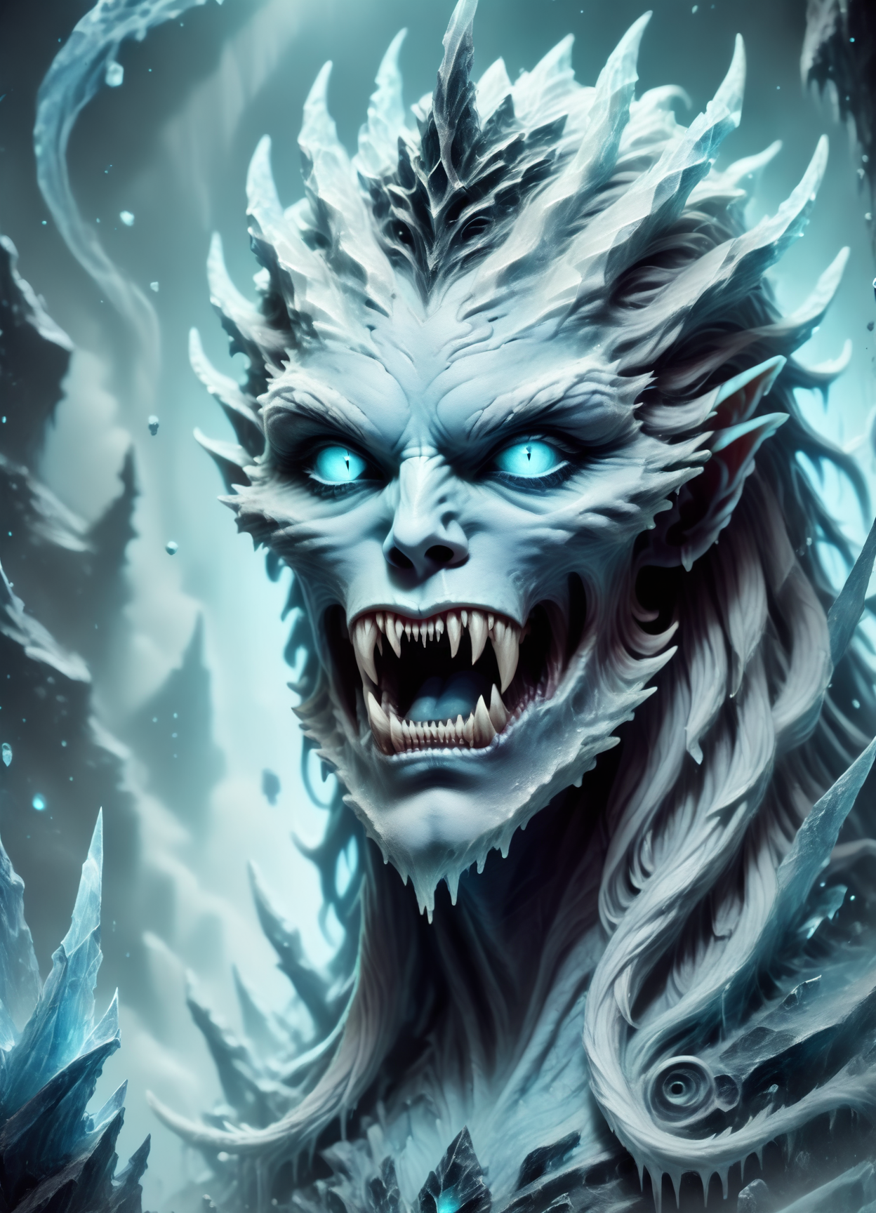 DonMGl00my1c3XL,score_9, score_8_up, score_7_up, score_6_up,black ice, huldra, mythical undead vampiric being, pale deathly complexion, sharp fangs, cursed, malevolent, supernatural powers , rating_safe <lora:DonMGl00my1c3XL-pony:0.8>