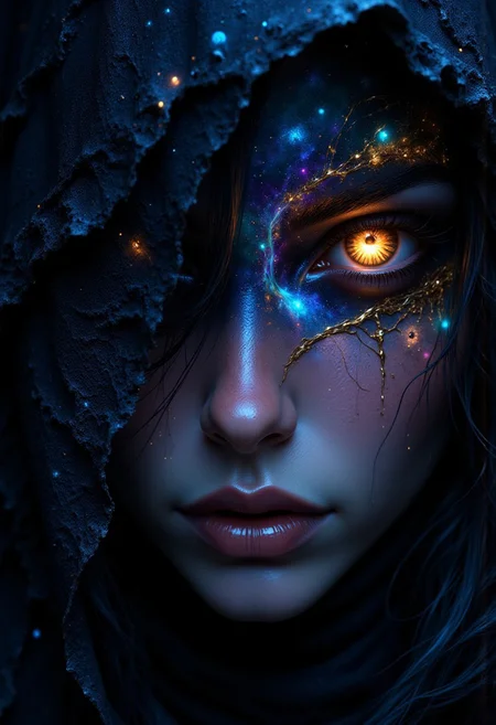 A galaxy in the eyes, a veil of stars and galactic fog. A close-up of the Sorceress' enigmatic eyes, swirling with intricate celestial patterns of galaxies, stars, and nebulas, their glowing light casting delicate highlights on her brows and lashes. The chiaroscuro style heightens the drama, with intense shadows framing her face and a soft celestial glow illuminating her features. The color palette of rich blues, purples, and shimmering golds contrasts beautifully with the deep shadows, creating a visually arresting image of infinite mystery and allure.