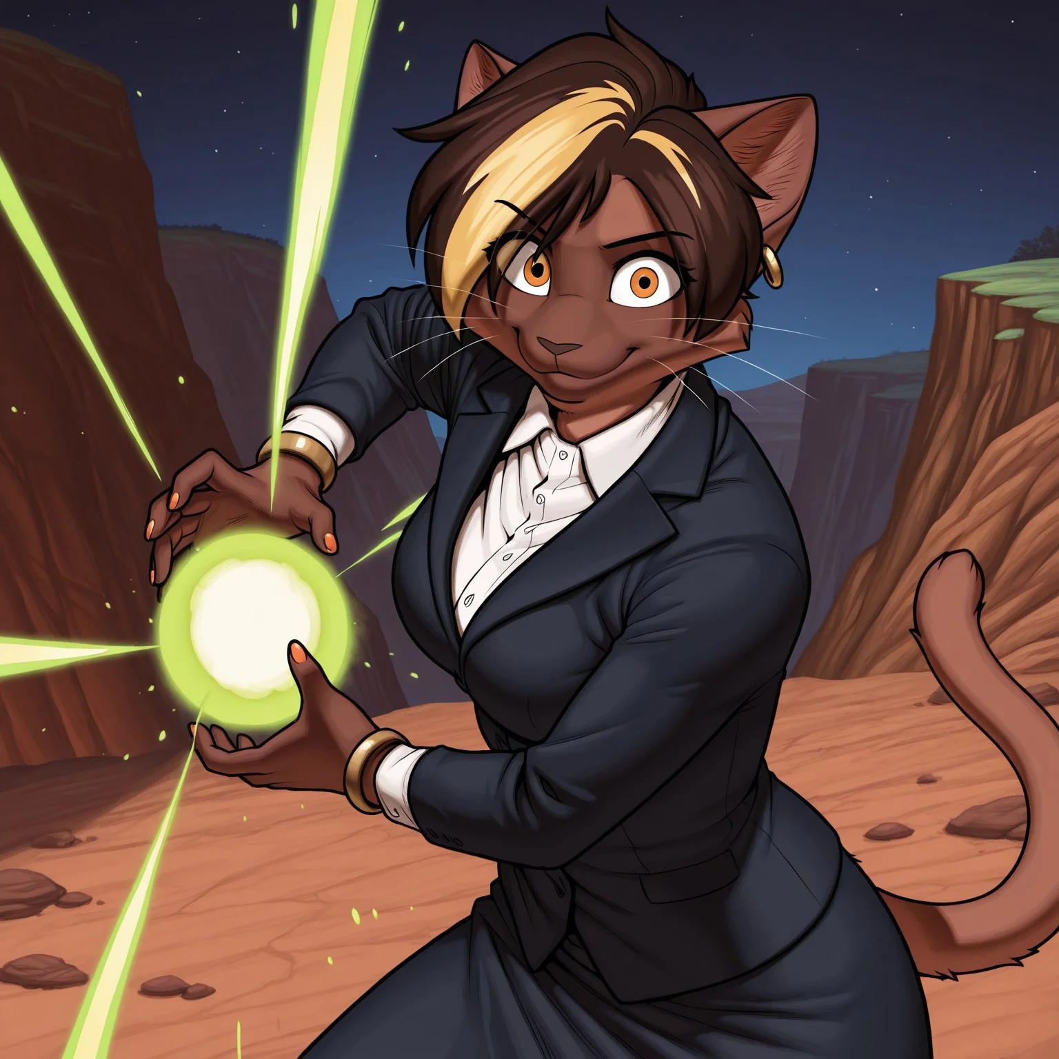 8k, uncensored, masterpiece, best quality, highly detailed, realistic, 1girl, solo, VanessaMH, female furry, furry, anthro, feline, cat, brown hair, blonde hair streak, black eyebrows, short hair, orange eyes, black pupils, brown body, brown fur, brown nose, whiskers, gold earring, medium breasts, brown tail, eyebrows visible through hair, eyes visible through hair, business suit, navy blue suit, white dress shirt, navy blue skirt, gold bracelets, upper body, closed mouth, (looking at viewer, standing, cliff, gravel, night sky, night sky, detailed background, front view, ((5 fingers, orange nails, kamehameha, energy ball, aura, glowing energy, energy beams)), (front view), wide eyes, smile