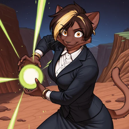 8k, uncensored, masterpiece, best quality, highly detailed, realistic, 1girl, solo, VanessaMH, female furry, furry, anthro, feline, cat, brown hair, blonde hair streak, black eyebrows, short hair, orange eyes, black pupils, brown body, brown fur, brown nose, whiskers, gold earring, medium breasts, brown tail, eyebrows visible through hair, eyes visible through hair, business suit, navy blue suit, white dress shirt, navy blue skirt, gold bracelets, upper body, closed mouth, (looking at viewer, standing, cliff, gravel, night sky, night sky, detailed background, front view, ((5 fingers, orange nails, kamehameha, energy ball, aura, glowing energy, energy beams)), (front view), wide eyes, smile