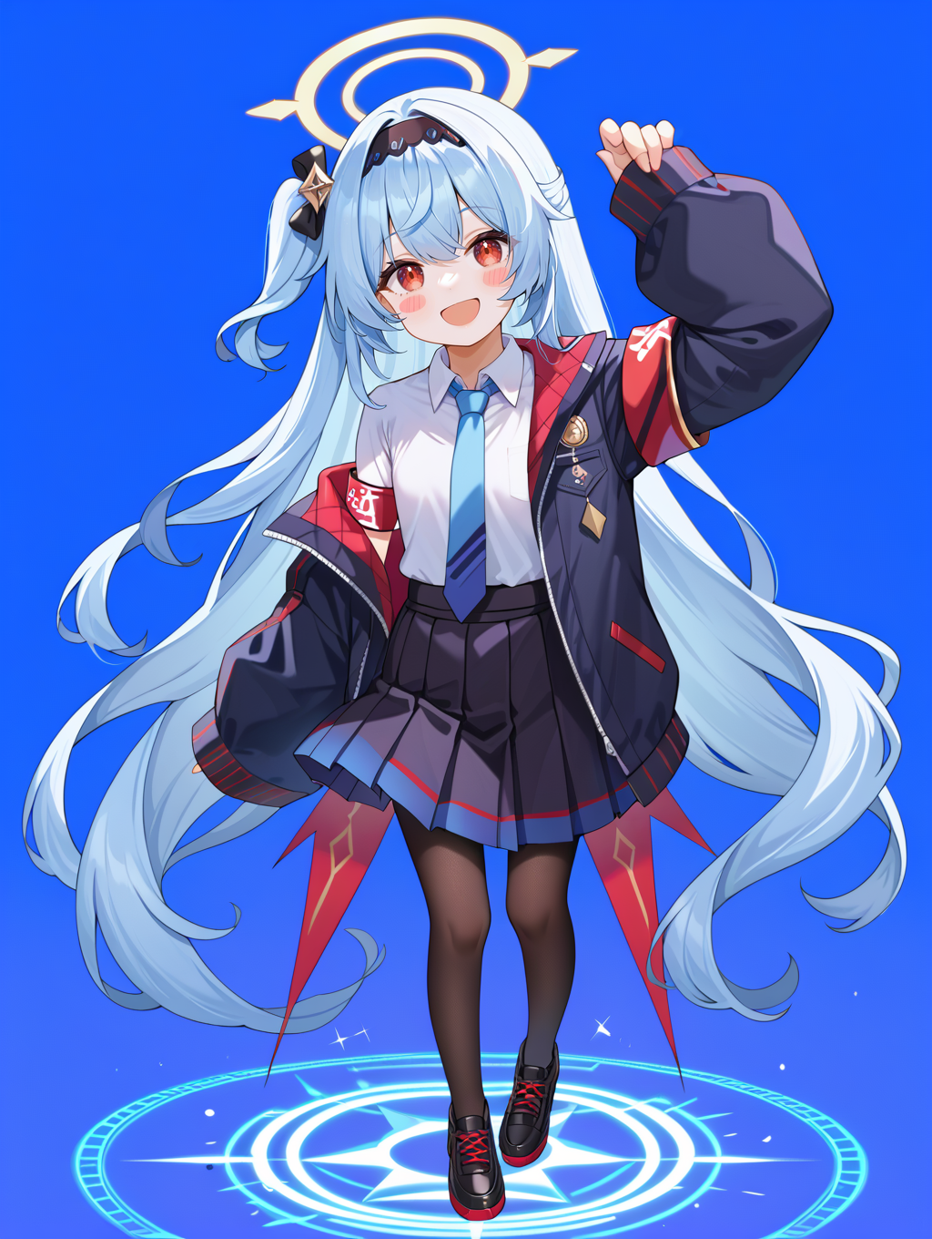1girl, 
solo, blush stickers, black skirt, open mouth, very long hair, white shirt, blue hair, black footwear, pleated skirt, absurdly long hair, jacket, pantyhose, sleeves past wrists, collared shirt, skirt, black jacket, halo, red eyes, headband, standing, shoes, blue background, smile, looking at viewer, blue necktie, one side up, necktie, arm up, :d, black headband, red armband, black pantyhose, long hair, shirt, armband,
A young girl with long white hair and a halo on her head. she has a pair of glasses on her face and is standing in front of a purple background with geometric shapes scattered around her. the girl appears to be dancing or posing for the photo.
score_9, score_8_up, score_7_up, source_anime
 <lora:style016:0.8>