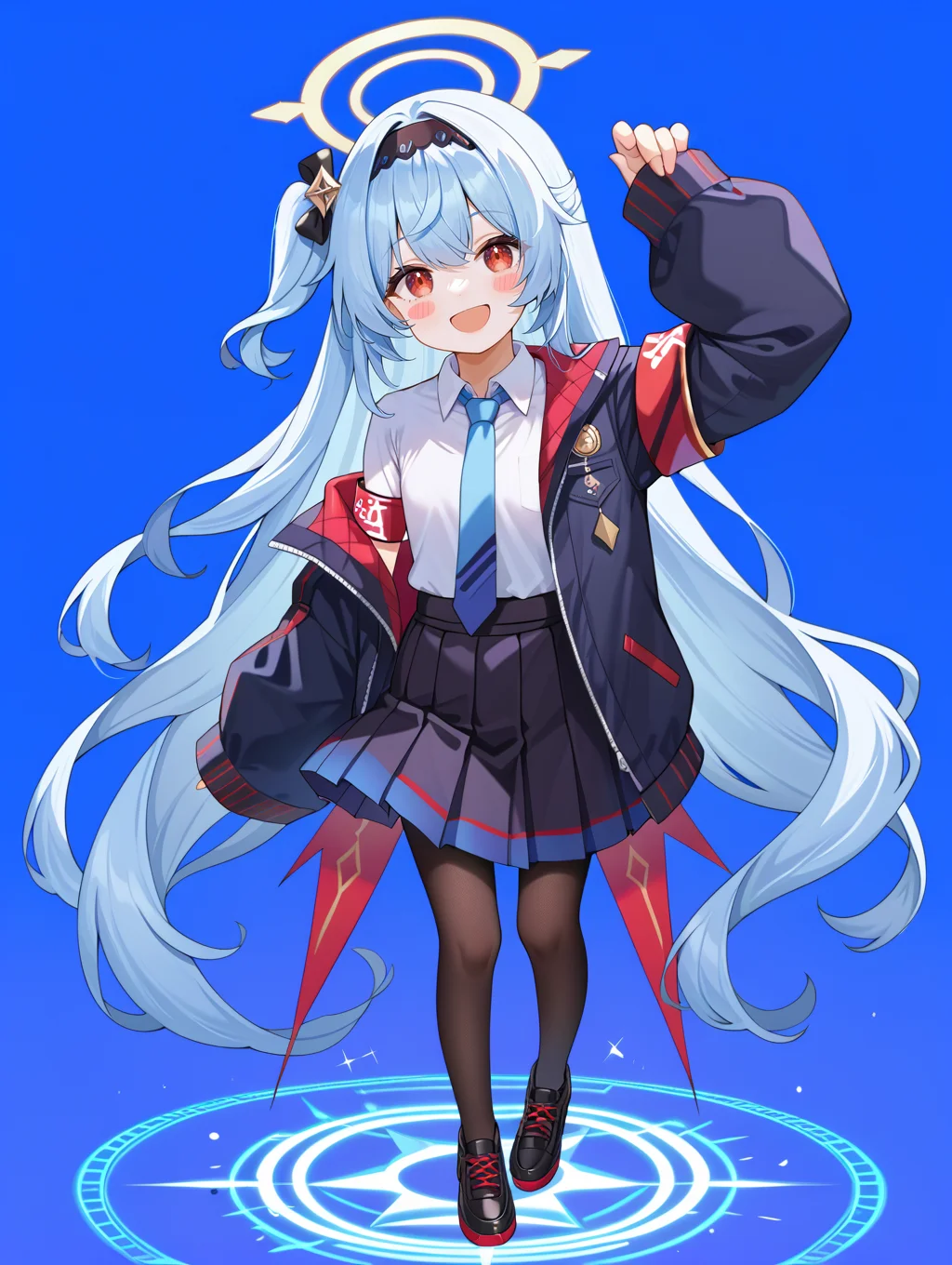 1girl, 
solo, blush stickers, black skirt, open mouth, very long hair, white shirt, blue hair, black footwear, pleated skirt, absurdly long hair, jacket, pantyhose, sleeves past wrists, collared shirt, skirt, black jacket, halo, red eyes, headband, standing, shoes, blue background, smile, looking at viewer, blue necktie, one side up, necktie, arm up, :d, black headband, red armband, black pantyhose, long hair, shirt, armband,
A young girl with long white hair and a halo on her head. she has a pair of glasses on her face and is standing in front of a purple background with geometric shapes scattered around her. the girl appears to be dancing or posing for the photo.
score_9, score_8_up, score_7_up, source_anime
 <lora:style016:0.8>