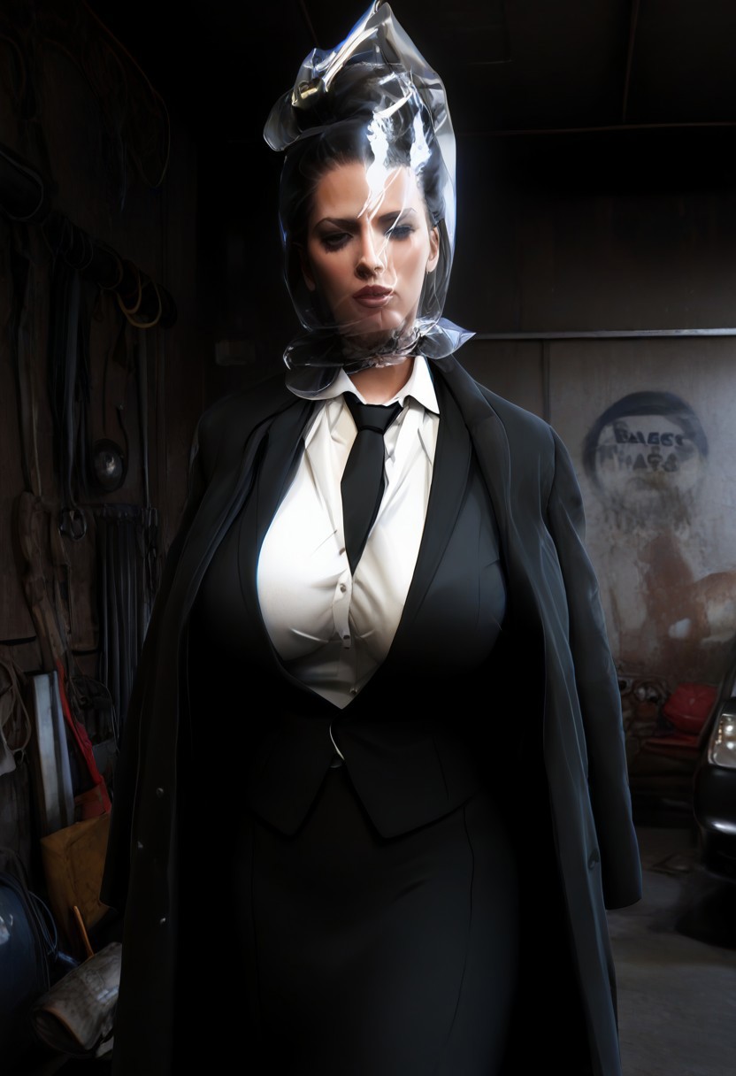(Sexy busty) woman with (gigantic breasts)+++ and (large high hair updo)+++ (plastic bag)+++ (bag over head)+++ mafi4, necktie, gloves, suit, white shirt, black vest, black skirt, coat, (in a garage)+++