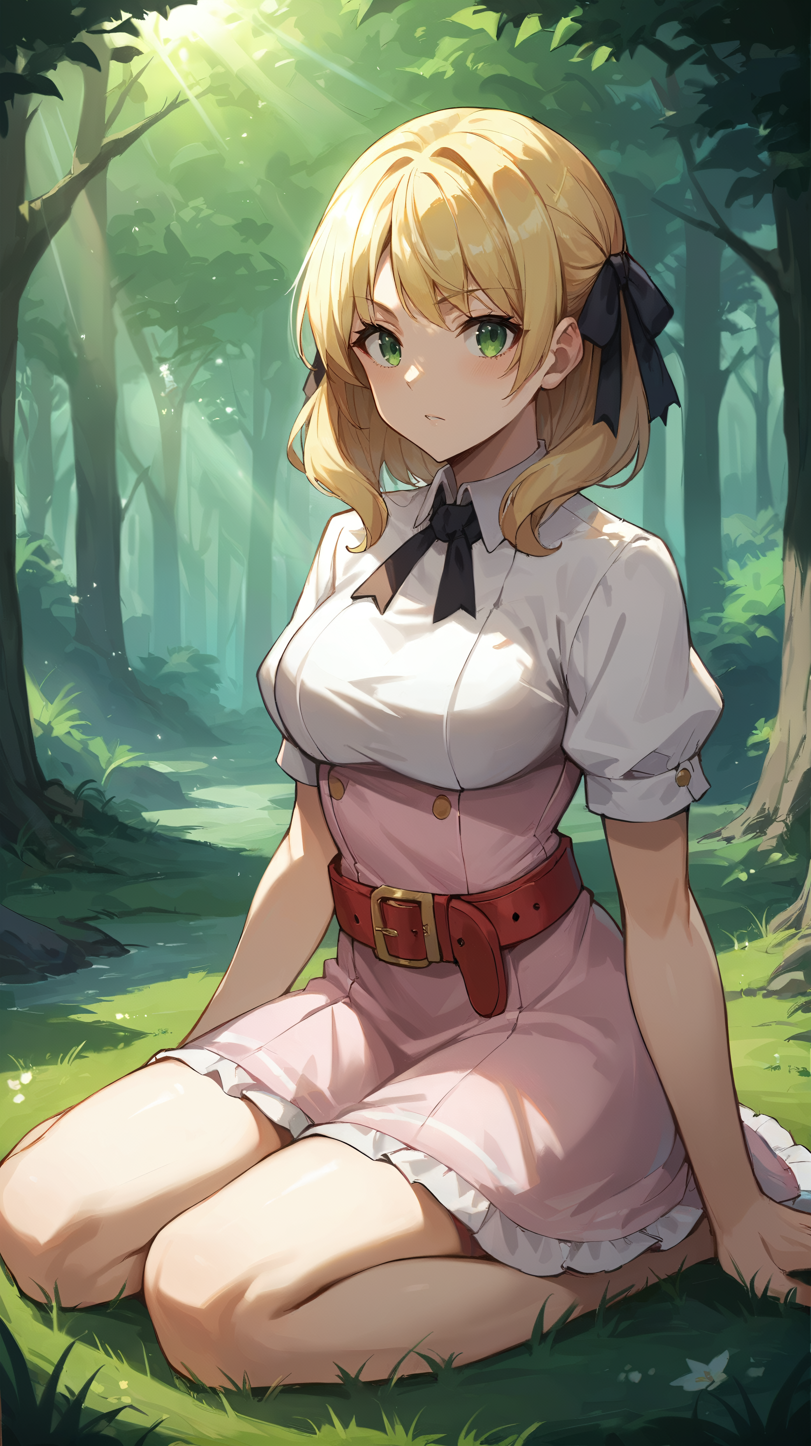 score_9,score_8_up,score_7_up,score_6_up, source_anime, zPDXL, <lora:xl_more_art-full_v1:0.5>, girl, blonde hair, medium hair, green eyes, hair ribbon, black ribbon, pink dress, red belt, <lora:Esther Rosenthal - Pony-000003:0.7>, dynamic pose, sitting with her back arched, forest, light rays, grass, forest path,