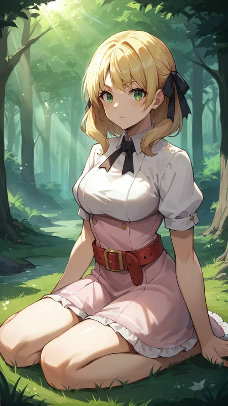 score_9,score_8_up,score_7_up,score_6_up, source_anime, zPDXL, <lora:xl_more_art-full_v1:0.5>, girl, blonde hair, medium hair, green eyes, hair ribbon, black ribbon, pink dress, red belt, <lora:Esther Rosenthal - Pony-000003:0.7>, dynamic pose, sitting with her back arched, forest, light rays, grass, forest path,