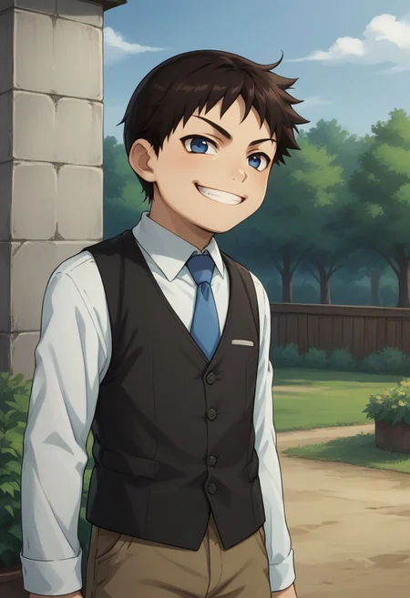 score_9, score_8_up, source_anime, highly detailed, selim, 1boy, solo, cute,
selim, 1boy, male focus, blue eyes, solo, shorts, necktie, male child, black hair, vest, blue necktie, brown hair, child, upper body, 
outdoor, from back, looking back, grin, evil smile,