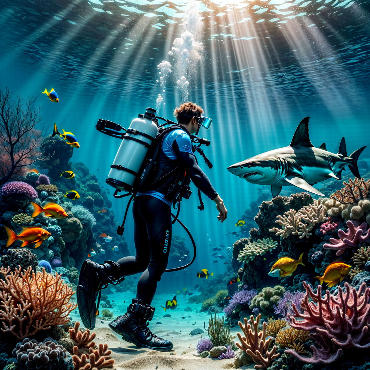 undersea, 1boy, scuba diver, shark, scuba gear, scuba tank, sand, coral, fish, <lora:deepdarkocean:0.6>, deepdarkocean, <lora:NsfwPovAllInOneLoraSdxl:0.5>, high quality, highres, masterpiece, best quality, 8k, intricate, detailed, <lora:add_detail:0.6>, very detailed, <lora:more_details:0.6>, <lora:JuggerCineXL2:0.6>, <lora:Smooth Anime 2 Style SDXL_LoRA_Pony Diffusion V6 XL:0.6>