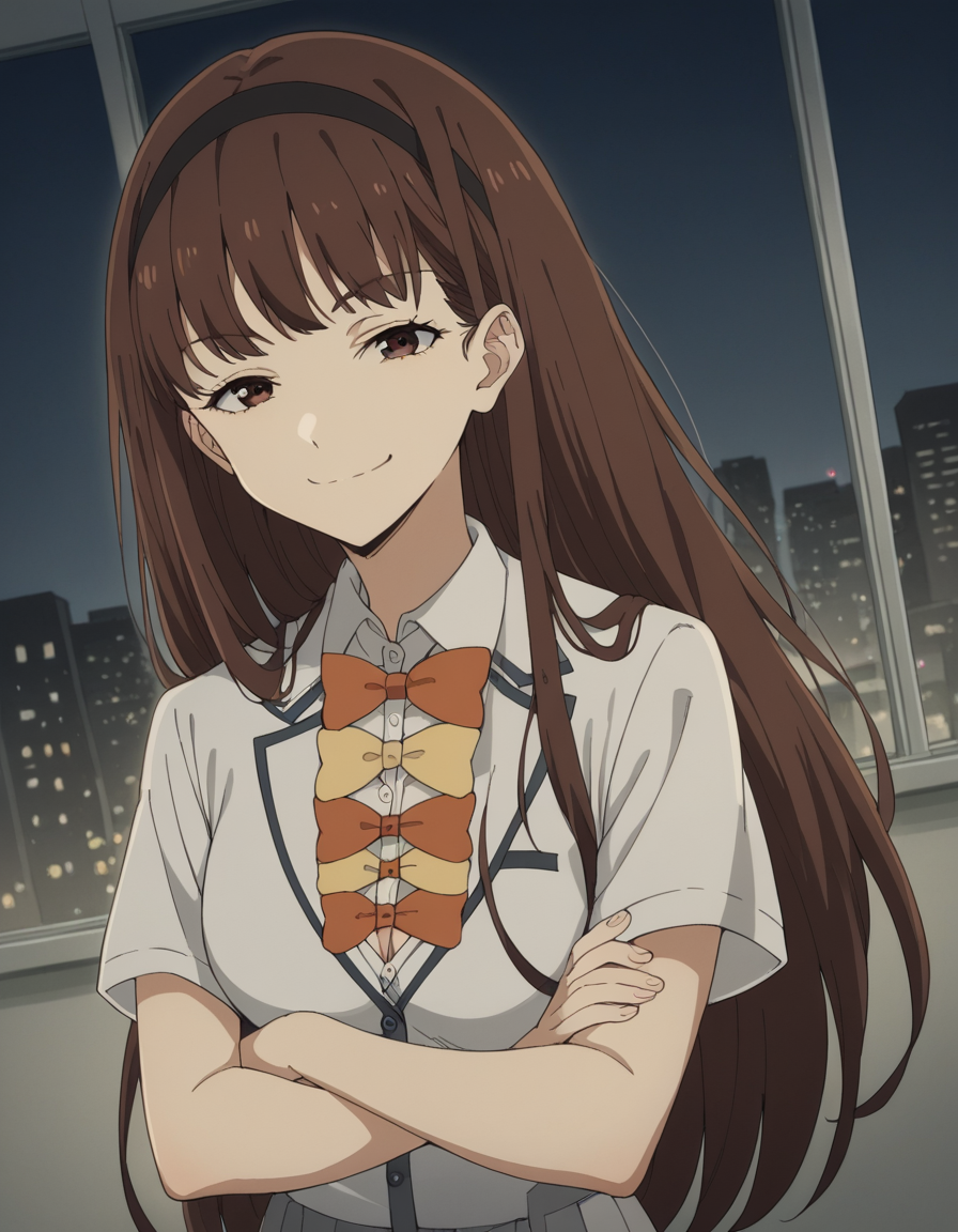 score_9, score_8_up, score_7_up, source_anime, <lora:hibari-houkobaru-s1-ponyxl-lora-nochekaiser:1>, hibari houkobaru, long hair, bangs, brown hair, brown eyes, hairband, black hairband, medium breasts,, shirt, bow, cleavage, school uniform, white shirt, short sleeves, collared shirt, skirt, pleated skirt, grey skirt, bowtie, yellow bowtie, orange bowtie, city skyline, rooftop view, night time, city lights, quiet reflection, smile, , crossed arms, smug, solo,, cowboy shot, dutch angle
