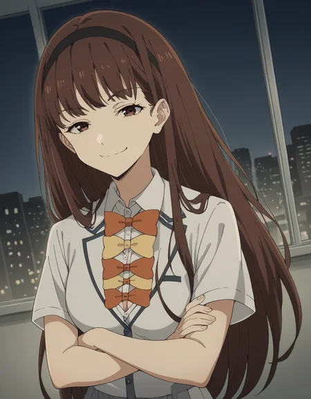 score_9, score_8_up, score_7_up, source_anime, <lora:hibari-houkobaru-s1-ponyxl-lora-nochekaiser:1>, hibari houkobaru, long hair, bangs, brown hair, brown eyes, hairband, black hairband, medium breasts,, shirt, bow, cleavage, school uniform, white shirt, short sleeves, collared shirt, skirt, pleated skirt, grey skirt, bowtie, yellow bowtie, orange bowtie, city skyline, rooftop view, night time, city lights, quiet reflection, smile, , crossed arms, smug, solo,, cowboy shot, dutch angle