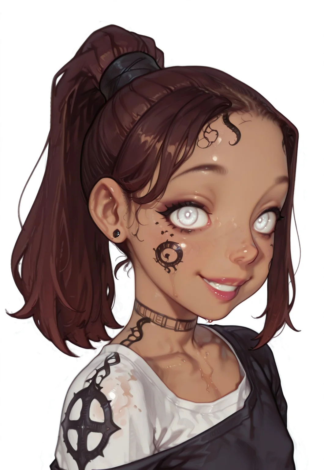 4k, fine detail, high quality eyes, masterpiece, best quality, amazing quality, newest, CG, illustration, very aesthetic, high resolution, geh1, 4s0r4, eigaka, possmach, artist:moriimee, 1 girl, solo girl, young, VTMBPisha, brown hair, ponytail, long hair, tattoo, glowing eyes, dark skin, white eyes, looking at viewer, cute smile, portrait