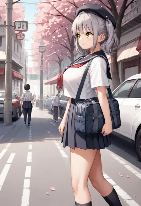 score_9, score_8_up, score_7_up, BREAK source_anime, multiple girls walking on the street, belorta, gray hair, twintails, shorthair, yellow eyes, big breast,
school uniform, sailor fuku, beret, school bag, wearing school bag, smile, walking, school background, street, cherry blossom, looking away, from side view, cars, garbage truck,