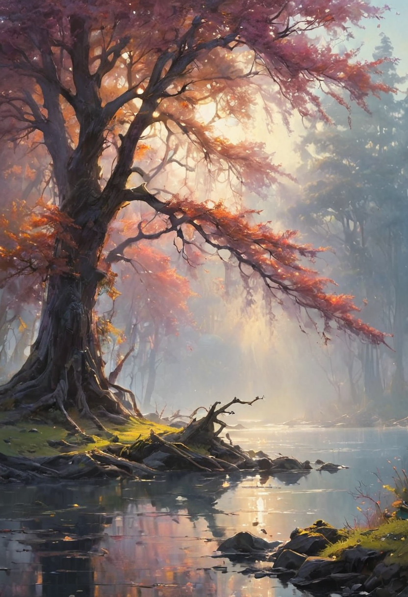 A lake covered by heavy mist and smoke. A tree stands near of the lake. Sunbeams comes from the branches.  Tree bends down to lake and its branches touches to the lake. Sky is cloudy. [romantic impressionism,dream scenery art,beautiful oil matte painting,romantic,style of thomas kinkade,beautiful digital painting,anime landscape,romantic painting,dreamlike digital painting,colorful painting,beautiful gorgeous digital art,style of greg rutkowski,janek sedlar,jenny saville:0] <lora:vivid_everclear:0.6>  <lora:Sinozick:0.65>