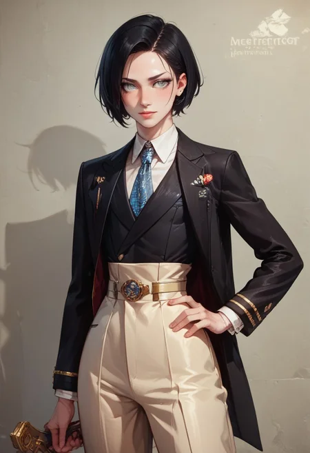 score_9, score_8_up, score_7_up, 1boy, femboy, otoko no ko, short hair, bob cut hair, black hair, grey eyes, gray eyes, feminine face, toned body, Shelly, 1920s fashion style, art deco, vintage, suit, highly detailed, intricate, zzCitronCAT, pose, modelshoot
