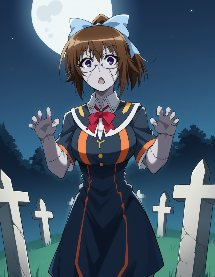 score_9, score_8_up, score_7_up, source_anime, <lora:mogana-kikaijima-s2-ponyxl-lora-nochekaiser:1>, mogana kikaijima, brown hair, purple eyes, ponytail, glasses, hair bow, blue hair bow, large breasts,, <lora:zombie-ponyxl-lora-nochekaiser:1>, zombie, colored skin, stitches, grey skin, multicolored skin, stitched face, zombie pose, halloween, halloween costume,, night, moon, graveyard, tombstone, grave, open mouth, , dutch angle, cowboy shot