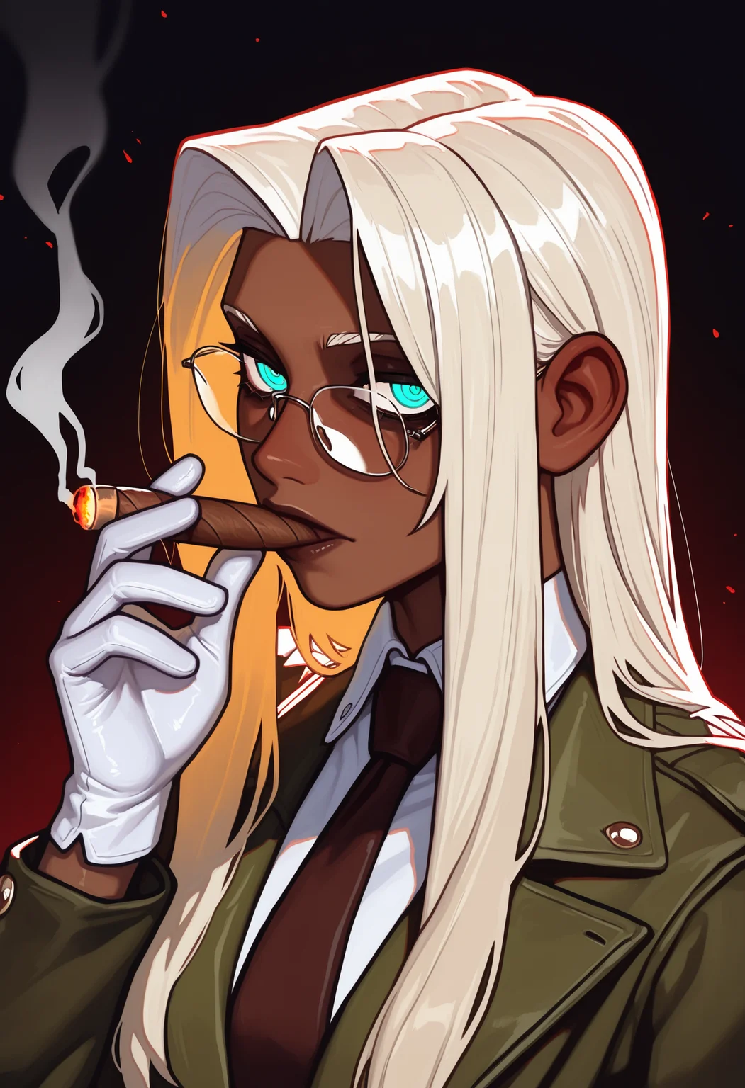 <lora:MilkshakeMix_Test_v10_Merged5:0.85>,
hellsing, integra hellsing, 1girl, aqua eyes, cigar, collar, collared shirt, glasses, gloves, green jacket, holding, holding cigar, jacket, long hair, looking at viewer, parted bangs, shirt, simple background, smoking, solo, white collar, white gloves, white hair,
BREAK masterpiece, best quality, newest, very awa, highres, absurdres,