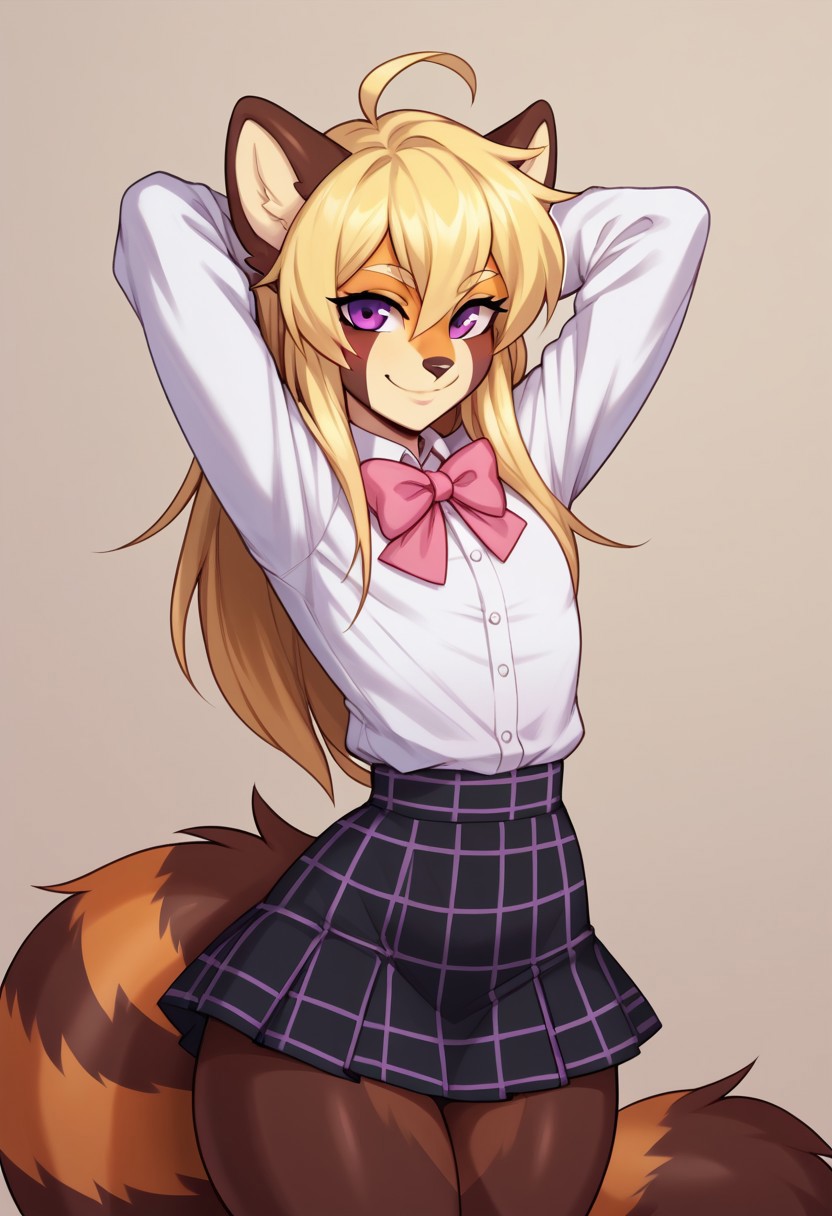 drawpanther_style,score_8_up, score_7_up, solo, foxacuwaku, red panda,1boy, femboy, long blonde hair, purple eyes, slim waist, wide hips, multicolored skin, brown tail, yellow face, BREAK,cute, sunny day, white shirt, pink bow tie, black plaid skirt, looking at the viewer, hands behind his back, wide smile,peech bubble above his head saying ''AcuWacu you are the best!''