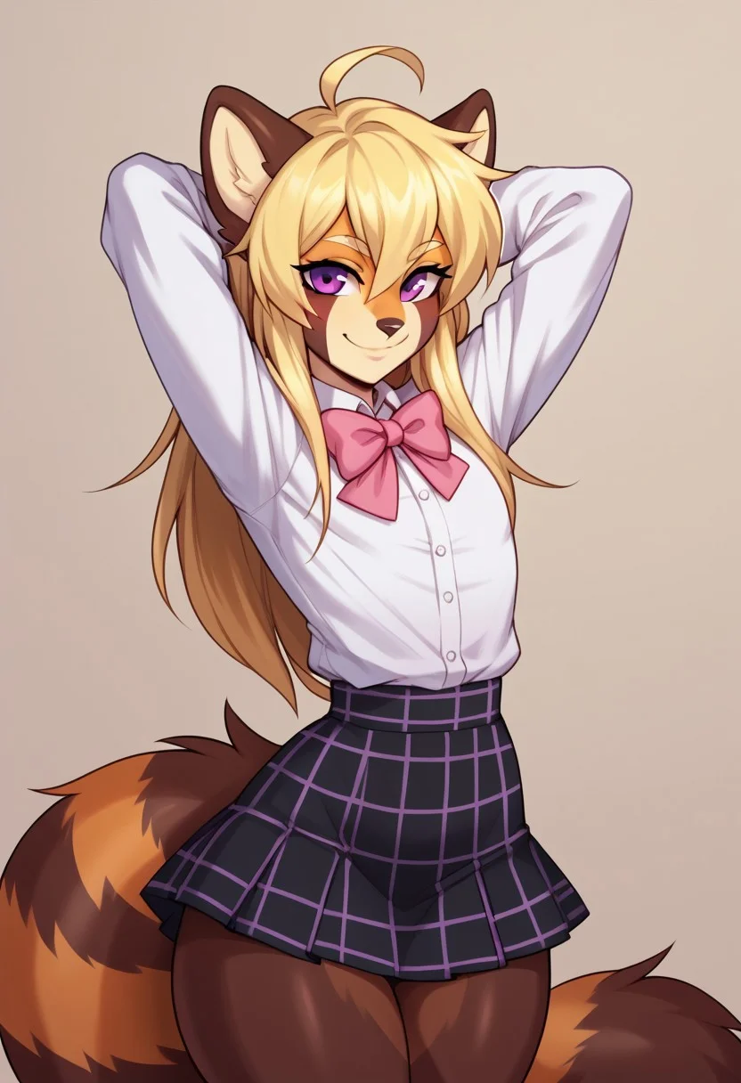 drawpanther_style,score_8_up, score_7_up, solo, foxacuwaku, red panda,1boy, femboy, long blonde hair, purple eyes, slim waist, wide hips, multicolored skin, brown tail, yellow face, BREAK,cute, sunny day, white shirt, pink bow tie, black plaid skirt, looking at the viewer, hands behind his back, wide smile,peech bubble above his head saying ''AcuWacu you are the best!''
