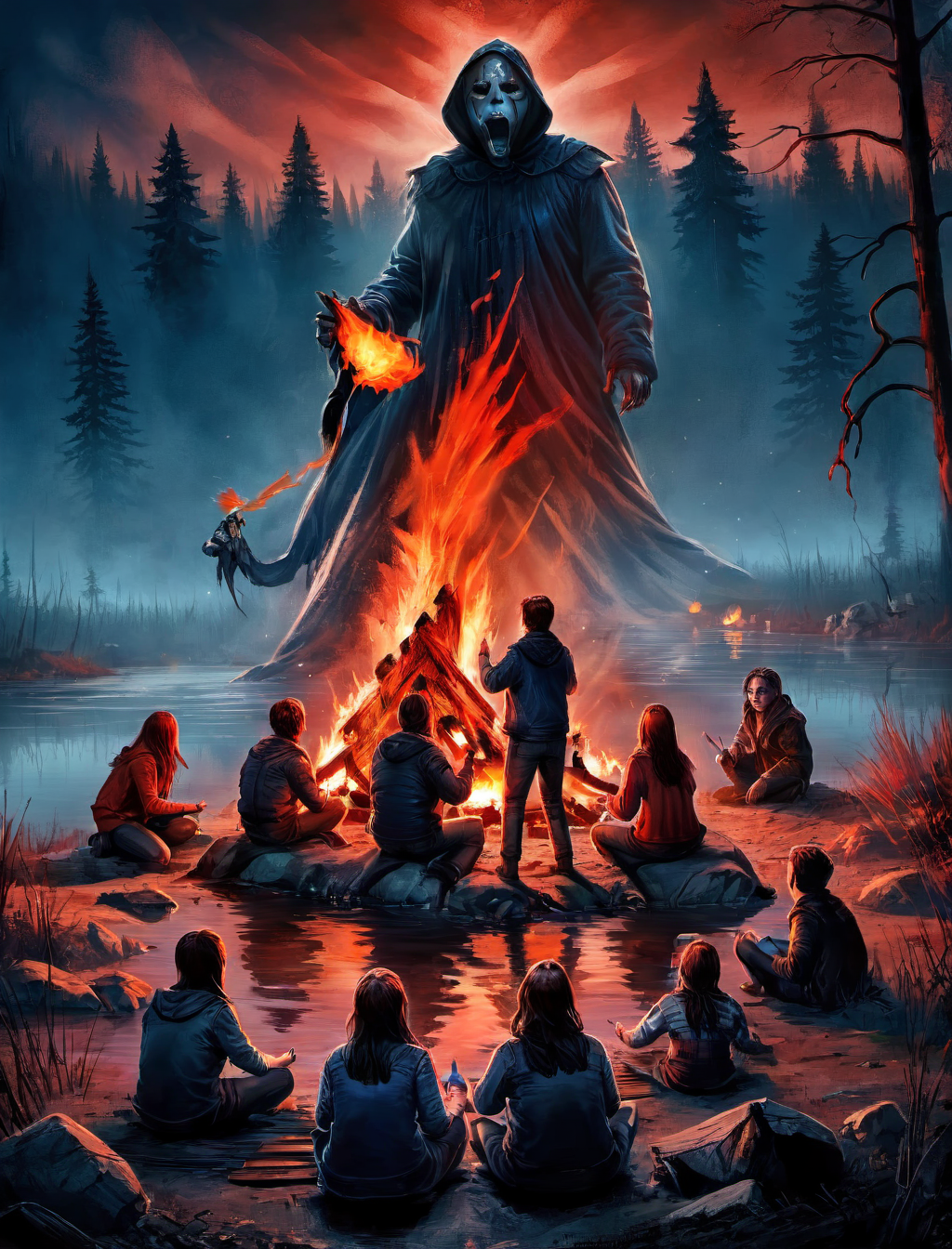 Horror-themed a horror poster movie of a group of young people around a lake with campfire at night, vibrant red and blue tones, <lora:80s_horror_poster_style-000009:1>, (masterpiece, best quality),ultra-detailed,add-detail-xl, DetailedEyes_V3, . Eerie, unsettling, dark, spooky, suspenseful, grim, highly detailed