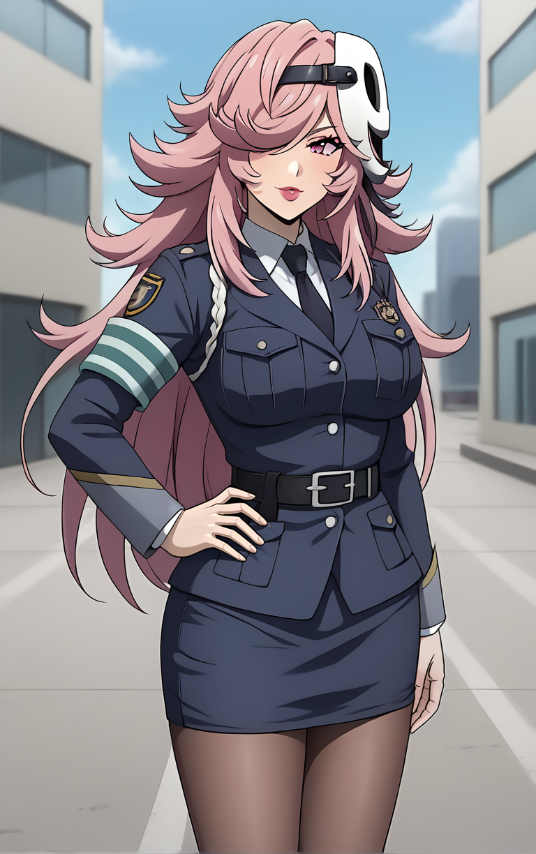 score_9, score_8_up, score_7_up, masterpiece, best quality, absurdres,  solo, BREAK
MainOutfit_YayoiKusakabe_ownwaifu,  
1girl, pink hair, pink eyes, spiked hair, black headband, long hair, mask on head, white mask, hair over one eye, lipstick,   makeup, lips, hairband, pink lips, large breasts, mask, bangs, hair ornament, one eye covered, white headwear, black hairband, flipped hair, big hair, 
blue jacket, blue necktie, breast pocket, police uniform, policewoman, collared shirt, black necktie, white shirt, belt, necktie, armband, pantyhose, pencil skirt, black belt, long sleeves, formal, suit, miniskirt, pocket, black pantyhose, skirt suit,
(contrapposto, hand on hip), sunset, sidelighting, outdoors, <lora:PONYXL_HighRiseInvasion_YayoiKusakabe_ownwaifu:1> , depth of field