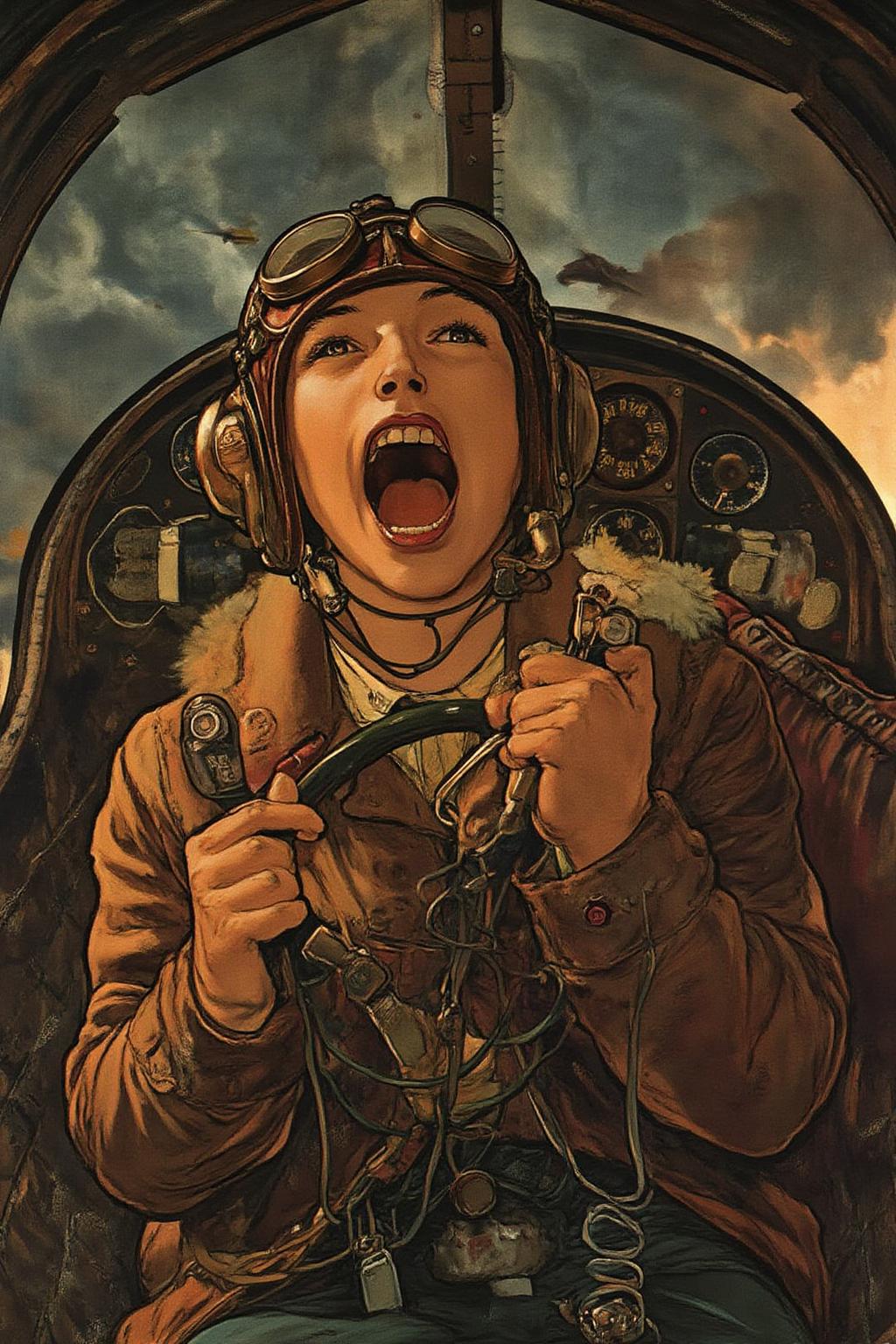 mucha1 Art Nouveau illustration
a female pilot screaming inside the cockpit of a WWII bomber. The pilot, wearing a vintage leather flight helmet with goggles and a brown bomber jacket, grips the controls with white-knuckled hands. Her face is contorted in a mix of fear and determination as she yells, her eyes wide with adrenaline. The cockpit is cramped and filled with old-fashioned dials and gauges, with the outside view showing dark stormy clouds and distant anti-aircraft fire. The scene is lit by the eerie glow of the instrument panel, casting harsh shadows across her face, emphasizing the intensity and danger of the moment. High contrast, dynamic composition, gritty and realistic, with a cinematic feel.
 <lora:mucha1_cap_d6a3e11:0.8><lora:822895015274576926:0>
