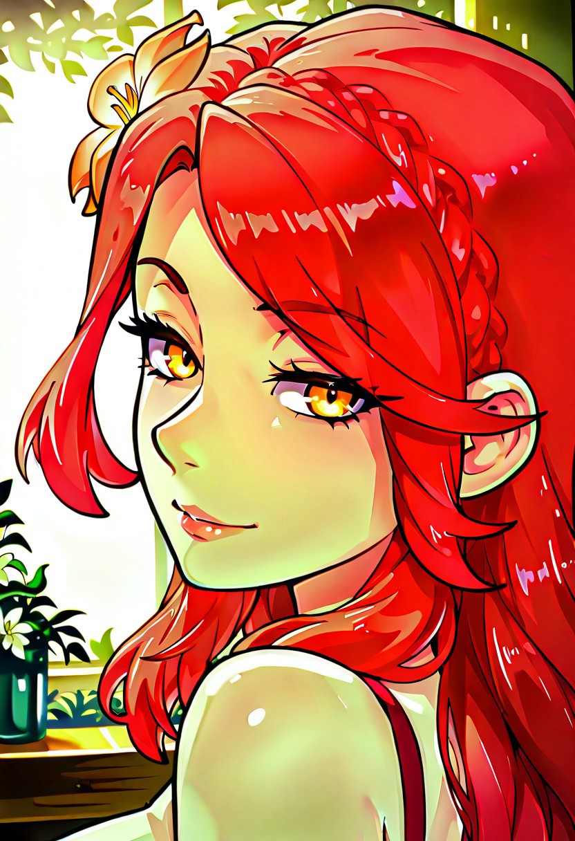 absurdres, 4k res, high quality, score_7_and_above, 1girl, solo, masterpiece, Lucrezia_UM, red hair, amber eyes, flower in hair, portrait, seductive smile, highly detailed, side view, looking at viewer,