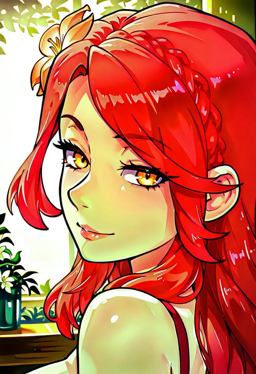 absurdres, 4k res, high quality, score_7_and_above, 1girl, solo, masterpiece, Lucrezia_UM, red hair, amber eyes, flower in hair, portrait, seductive smile, highly detailed, side view, looking at viewer,