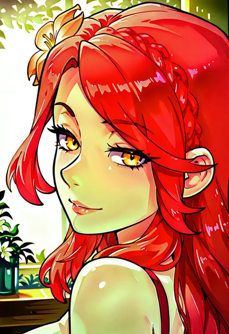 absurdres, 4k res, high quality, score_7_and_above, 1girl, solo, masterpiece, Lucrezia_UM, red hair, amber eyes, flower in hair, portrait, seductive smile, highly detailed, side view, looking at viewer,