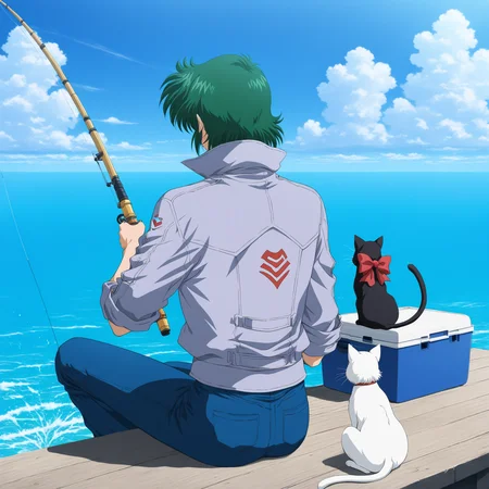 <lora:Masaki_Andoh:1>,masaki andoh,fishing rod,cat,fishing,1boy,holding fishing rod,cloud,sitting,jacket,kuro \(srw\) black cat,sky,day,male focus,outdoors,ocean,cooler,holding,animal,pants,grey jacket,from behind,fishing line,solo,blue sky,shiro \(srw\) white cat,water,(dock:1.1),box,official art,masterpiece,high score,great score,absurdres,