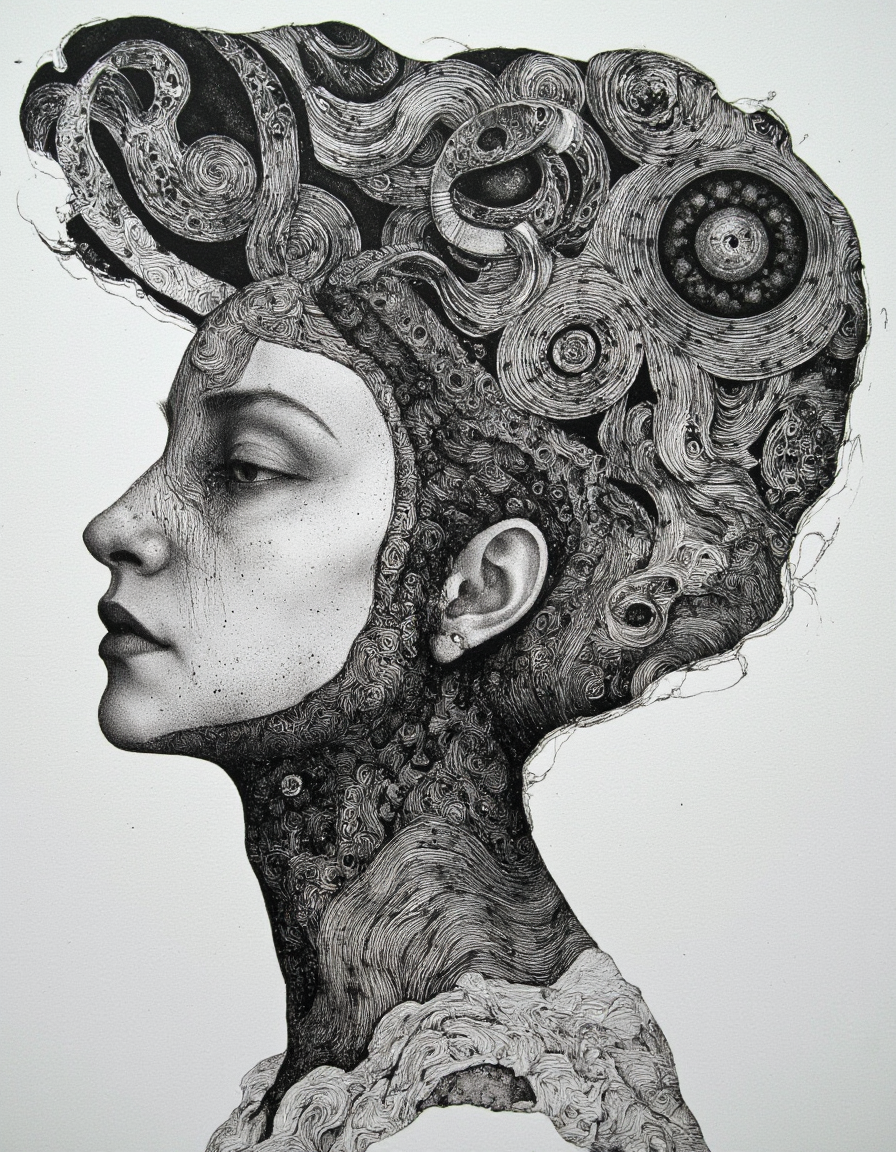 Art by Marina Richterova. A black and white, monochromatic portrait of a woman from a profile camera angle, featuring intricate, swirling patterns on her hair and face. the woman appears to be in her early twenties, with a neutral expression and parted lips. she is facing the viewer, with her eyes looking directly at the viewer. her hair is long and curly, with intricate swirls and patterns that create a sense of depth and dimension. her facial features are detailed and expressive, with thick eyebrows and a prominent nose. the background is plain and simple, allowing the focus to be on the woman's face and hair. the style is reminiscent of abstract art, with bold lines and intricate patterns that add to the overall sense of realism. overall, the image is a striking piece of art that is both visually striking and captivating.