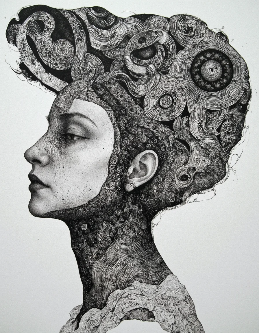 Art by Marina Richterova. A black and white, monochromatic portrait of a woman from a profile camera angle, featuring intricate, swirling patterns on her hair and face. the woman appears to be in her early twenties, with a neutral expression and parted lips. she is facing the viewer, with her eyes looking directly at the viewer. her hair is long and curly, with intricate swirls and patterns that create a sense of depth and dimension. her facial features are detailed and expressive, with thick eyebrows and a prominent nose. the background is plain and simple, allowing the focus to be on the woman's face and hair. the style is reminiscent of abstract art, with bold lines and intricate patterns that add to the overall sense of realism. overall, the image is a striking piece of art that is both visually striking and captivating.