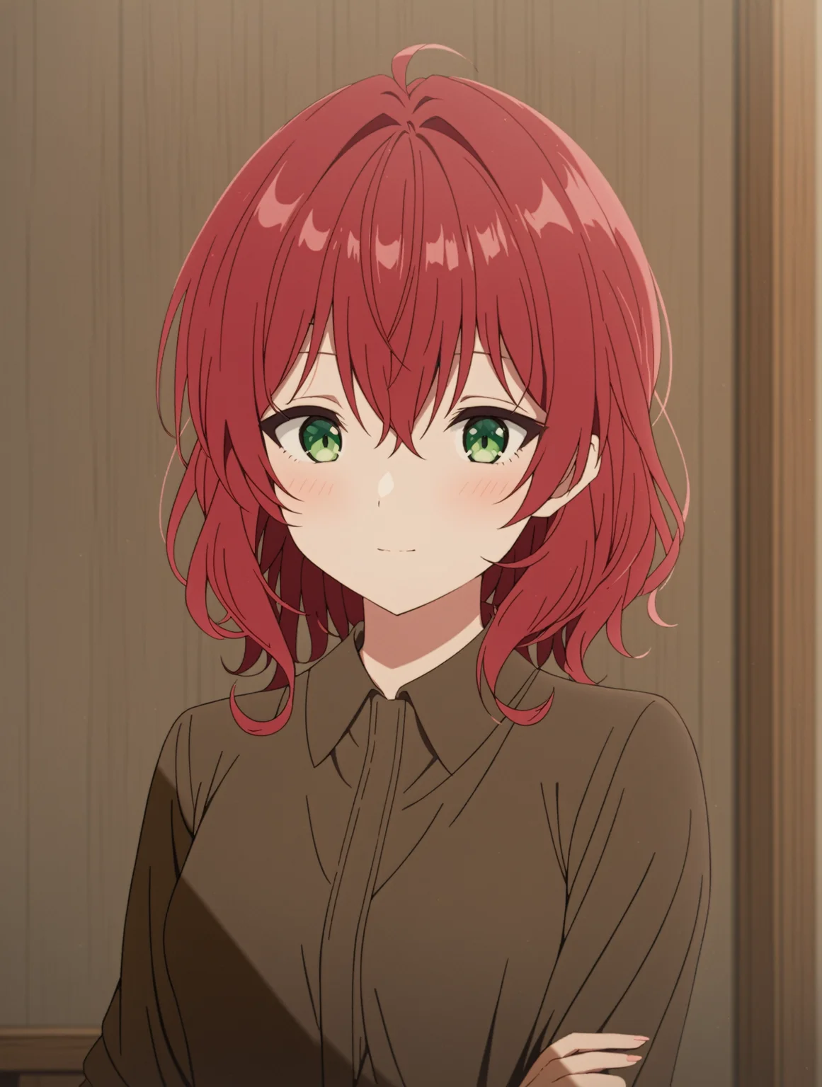 masterpiece, best quality,
1girl,solo,
<lora:dahlia.sdxl.v2:0.9> dahlia, red hair, green eyes,
teenager,brown shirt, collared shirt, black dress,