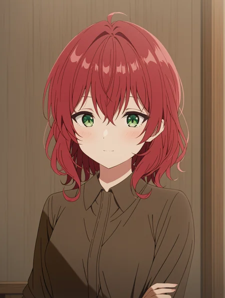 masterpiece, best quality,
1girl,solo,
<lora:dahlia.sdxl.v2:0.9> dahlia, red hair, green eyes,
teenager,brown shirt, collared shirt, black dress,