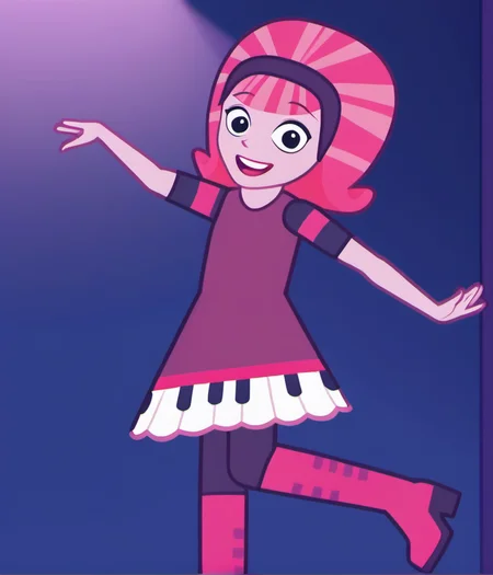1girl, solo, dbdd1, smile, pantyhose, dress, pink hair, pink skin, black eyes, looking at viewer, boots, open mouth, standing, hairband, official style, standing on one leg, on satge, spotlight, music motif, <lora:dbdd1:1>,