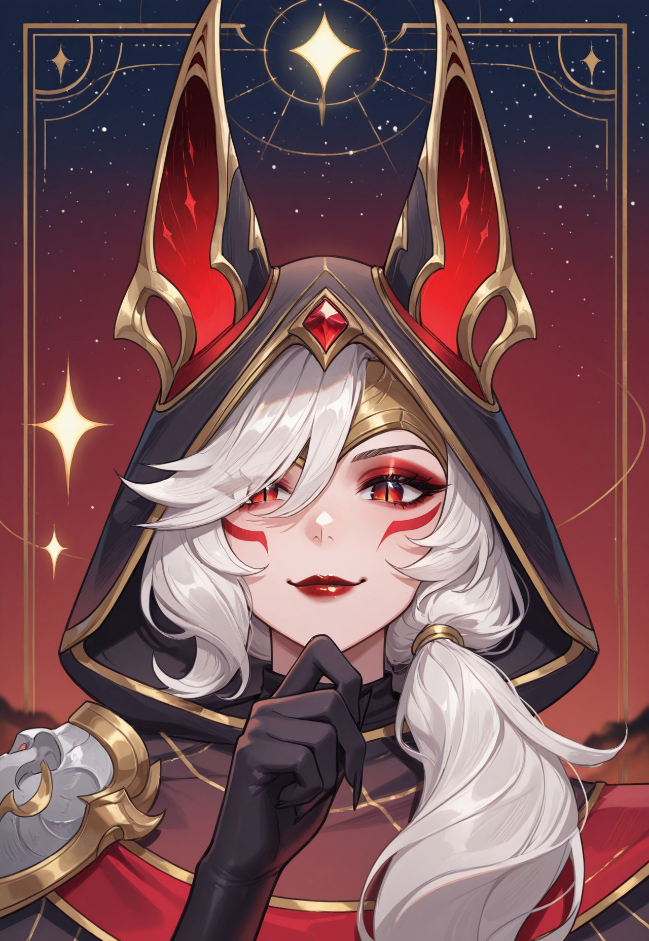 masterpiece, best quality, newest, absurdres, very aesthetic, highres, looking at viewer, LOLArcXayah, 1girl, animal ears, white hair, low side ponytail, red eyes, slit pupils, facial mark, red lipstick, eyeshadow, forehead protector, black bodysuit, sleeveless bodysuit, hooded cape, multicolored cape, red cape, black cape, gold trim, hood up, ears through headwear, single pauldron, mismatched gloves, blurry background, framed, starry sky, sparkle, space, floating object, tarot, gradient background, smile, red theme, looking at viewer, portrait, smirk, hand up