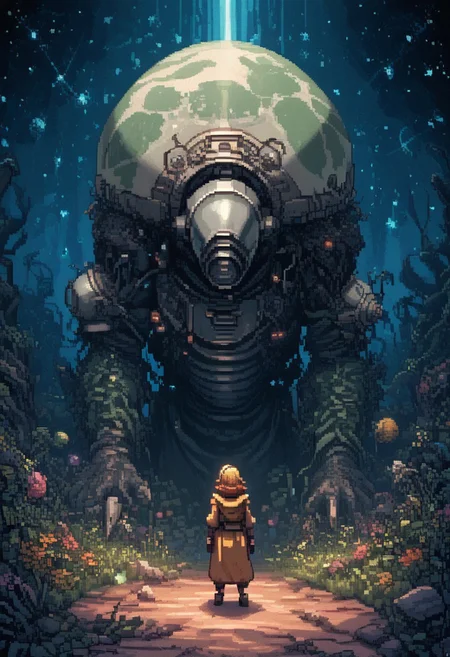 A lone astronaut is stranded on a rogue planet drifting through the void. The planet's surface is covered in bioluminescent flora that pulses with an eerie, rhythmic glow. As they explore, the astronaut experiences visions of alien civilizations and cosmic events, guided by the mysterious lights.
(ArsMJStylePony, detailed, dynamic, pixel art shading, pixel_art style background, zPDXL2, pixelart,pixel, yamer_pixel_fusion)
