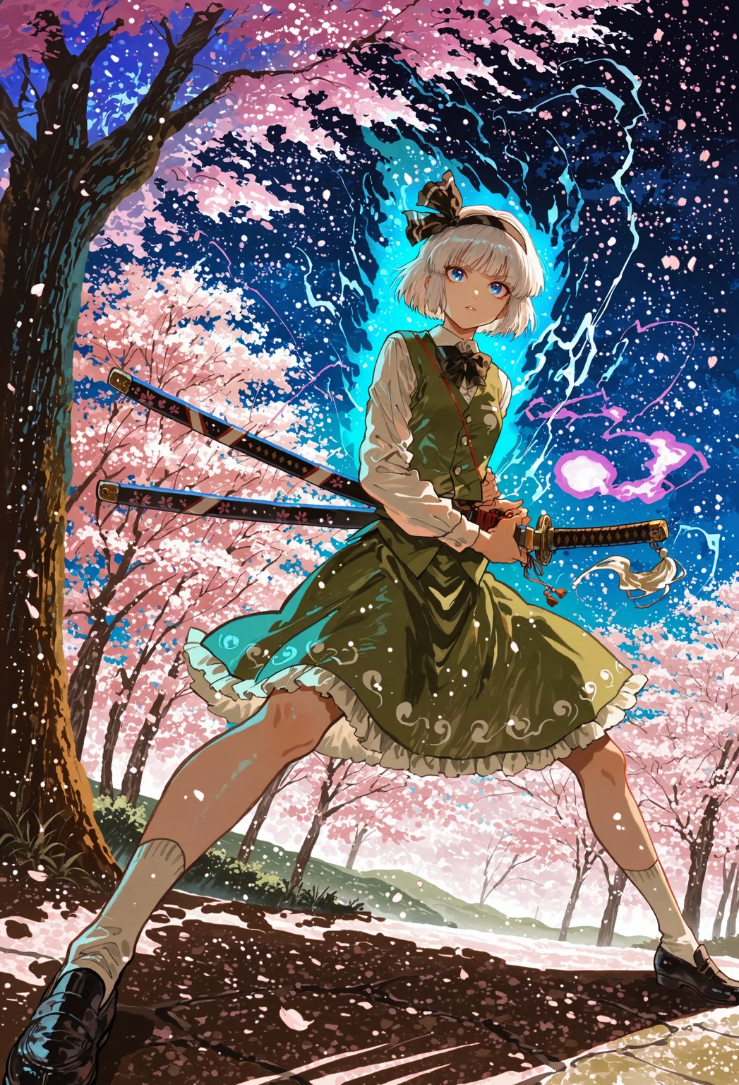source_anime, high res image, masterpiece, perfect quality, best quality, newest, absurdres, scenic, highres, ultra detailed face, detailed eyes, accurate anatomy,
sdxl_lightning_4step_lora_rank1,
HDR,
solo, konpaku youmu, 1girl, solo, white hair, short hair, blunt bangs, blue eyes, hairband, hair ribbon, black ribbon, black bowtie, white shirt, collared shirt, green vest, green skirt, socks, beautiful face, beautiful eyes, detailed eyes, glossy lips, glossy hair, (full body:1.1), (release particles light:1.1), (floating particle light:1.1), purple glowing aura body, purple magic array, accurate anatomy, ultra detailed face, luminous ghost,
katana, (detailed katana:1.2), sheath, drawing a katana, unsheathing a katana, (battoujutsu stance:1.1), dynamic pose, fighting stance, ready to draw,
night, shadows, higanbana field, cherry blossom, cherry blossom tree,
vivid colors, high contrast,
scenery focus