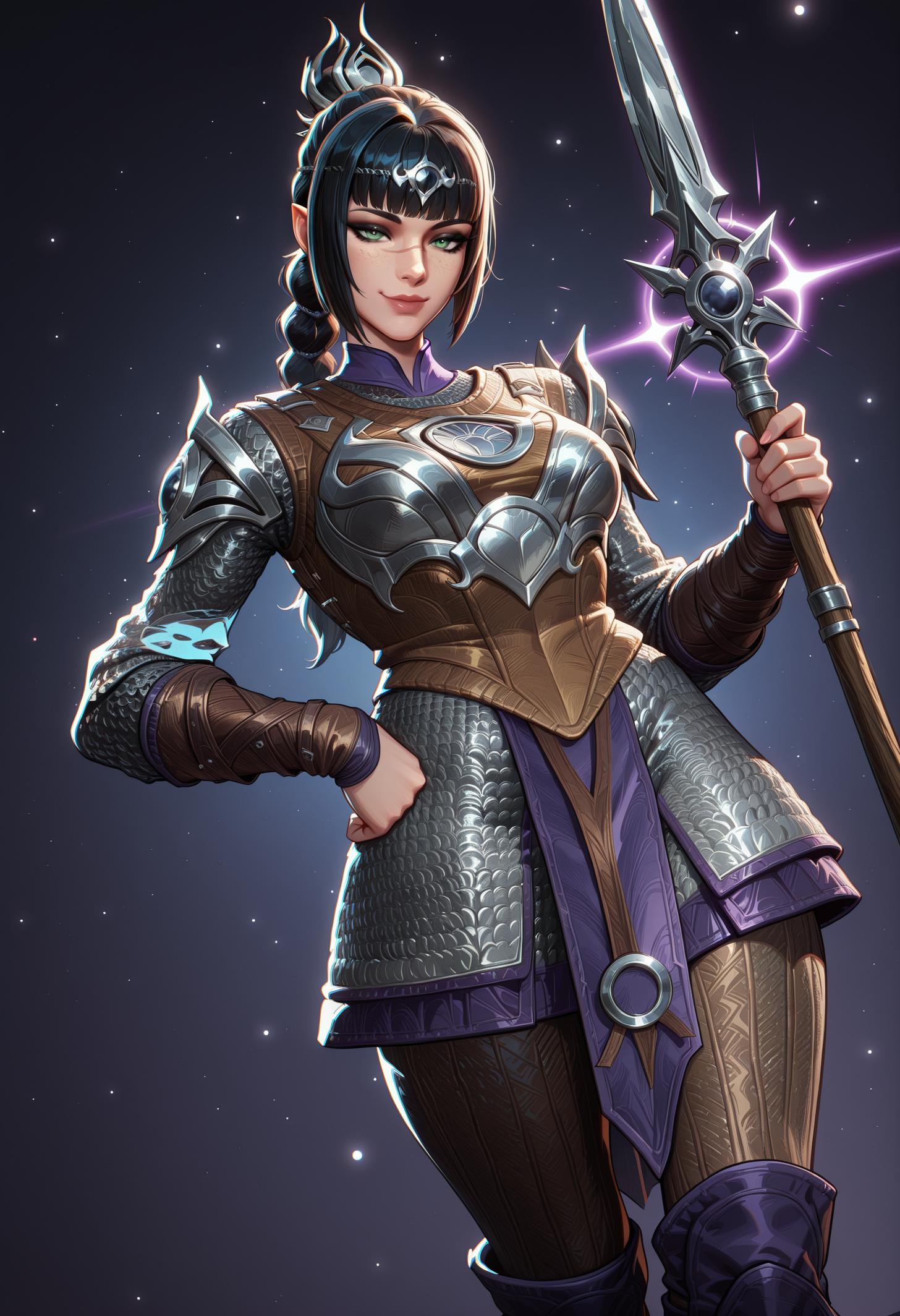 (EyesHD:1.2), masterpiece, best quality, amazing quality, highres, absurdres, very aesthetic, very awa, western, MarvelRivals, semi realistic, cartoon, shiny skin, skindentation,, 1girl, solo, shadef, green eyes, black eyeliner, freckles, pointy ears, long hair, hair ornament, high ponytail, braided ponytail, medium breasts, scar on nose, black hair, blunt bangs, sidelocks, grey diadem, 
BREAK,
shaarm, silver breastplate, brown gambeson, chainmail armor, silver pauldrons, brown vambraces, chainmail skirt, purple trim skirt, violet loincloth, violet undershirt, brown leggings, knee boots, purple boots, brown shoes,, looking at viewer, seductive smile, hand on hip, holding spear, 
BREAK,
cowboy shot, dutch angle, simple background, multicolored background,, raytracing, hyper detailed, volumetric lighting, lazypos, intricate details, (depth of field:1.05), (dark shadows:0.9), (high contrast:0.9), <lora:Shadowheart-NoobAi-1.1_V2-Manityro-CAME:0.8000000000000002> <lora:AMarvelRivals_style-06:0.7000000000000002> <lora:Eyes_High_Definition-000007:1.0000000000000002> <lora:spo_sdxl_10ep_4k-data_lora_webui:0.30000000000000004>