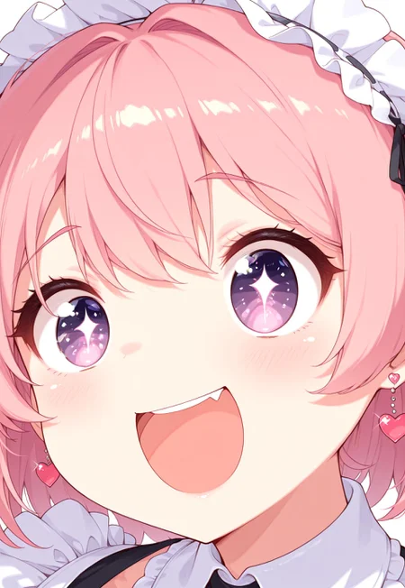absurdres, masterpiece, 1girl, anime girl, solo, BREAK, CivChan, purple eyes, pink hair, BREAK, heart earrings, BREAK, maid headband, BREAK, close-up, wawawa!, no nose, portrait, sparkling eyes, :D BREAK,