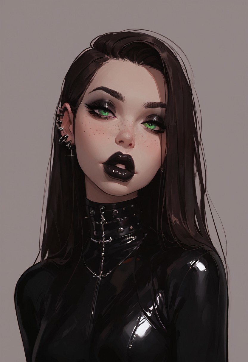 score_9, score_8_up, score_7_up, score_6_up, score_5_up, score_4_up, goth girl, gothic,  egirlmake up, choker, (beautiful face, cute face, 18 years old) Expressiveh, ASCII 1 girl, brown hair, green eyes, black latex outfit, medium breasts, upper body, photoshoot, 4k, big lips, choker, heavy make up, black lipstip, eyeliner, long hair, freckles