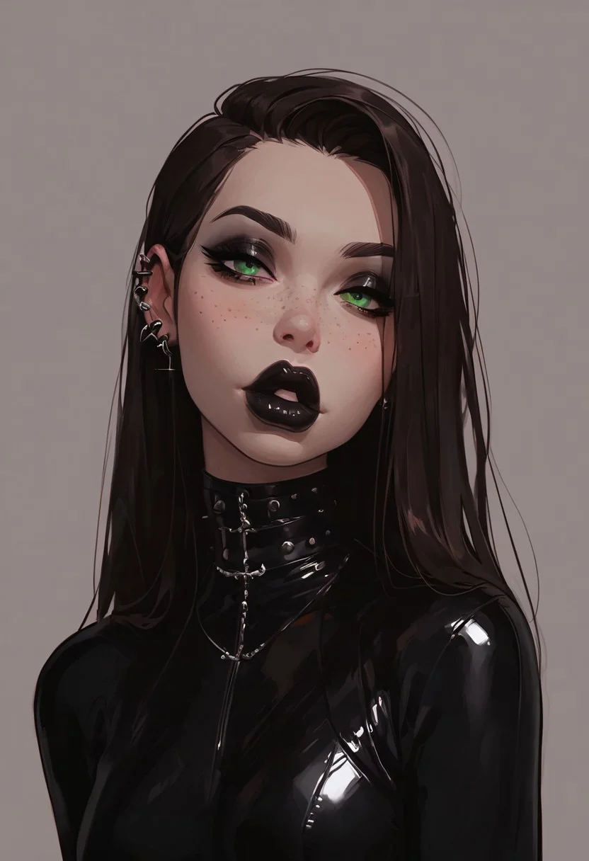 score_9, score_8_up, score_7_up, score_6_up, score_5_up, score_4_up, goth girl, gothic, egirlmake up, choker, (beautiful face, cute face, 18 years old) Expressiveh, ASCII 1 girl, brown hair, green eyes, black latex outfit, medium breasts, upper body, photoshoot, 4k, big lips, choker, heavy make up, black lipstip, eyeliner, long hair, freckles
